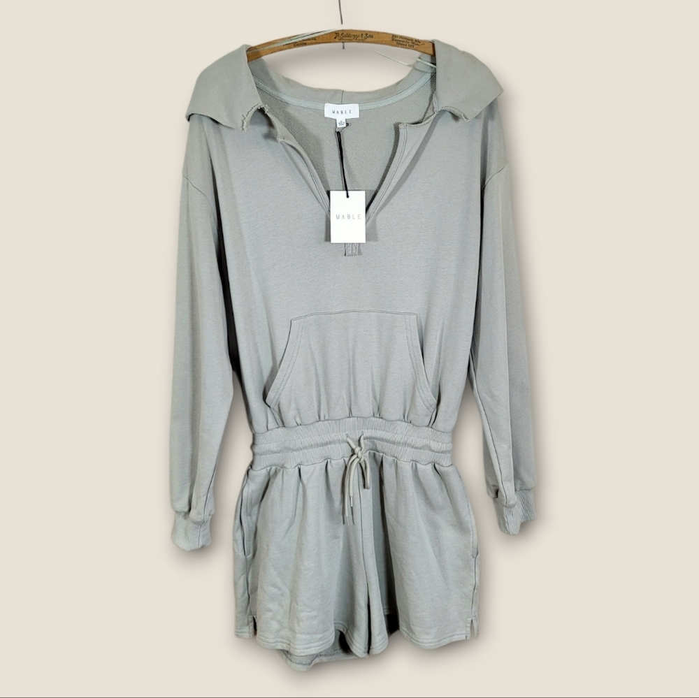 NWT MABLE French Terry Long Sleeve V-Neck Hooded Drawstring Waist Sage Romper M - Picture 3 of 14